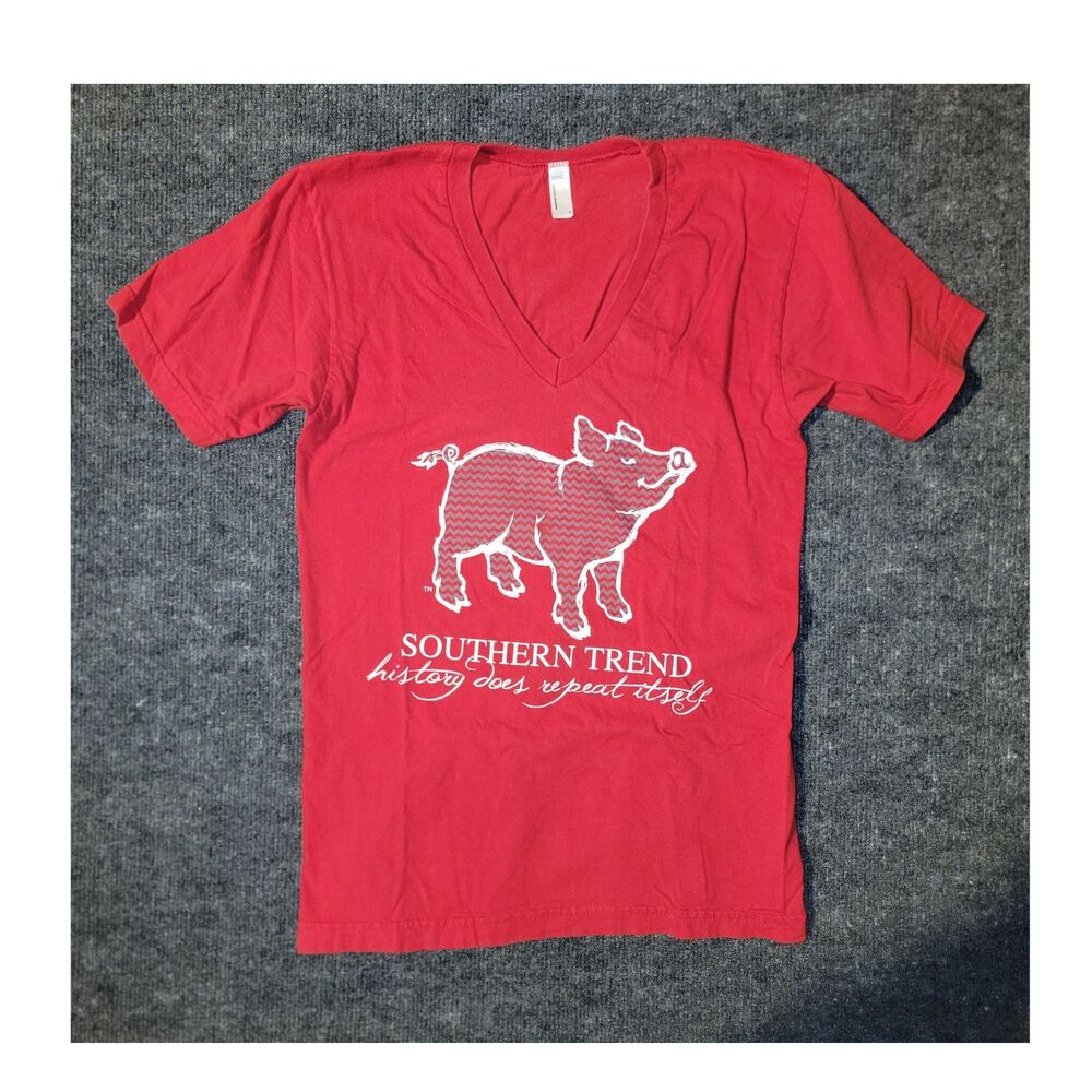 American Apparel Men's Red V-Neck Short Sleeve Pig Graphic T-Shirt Size S